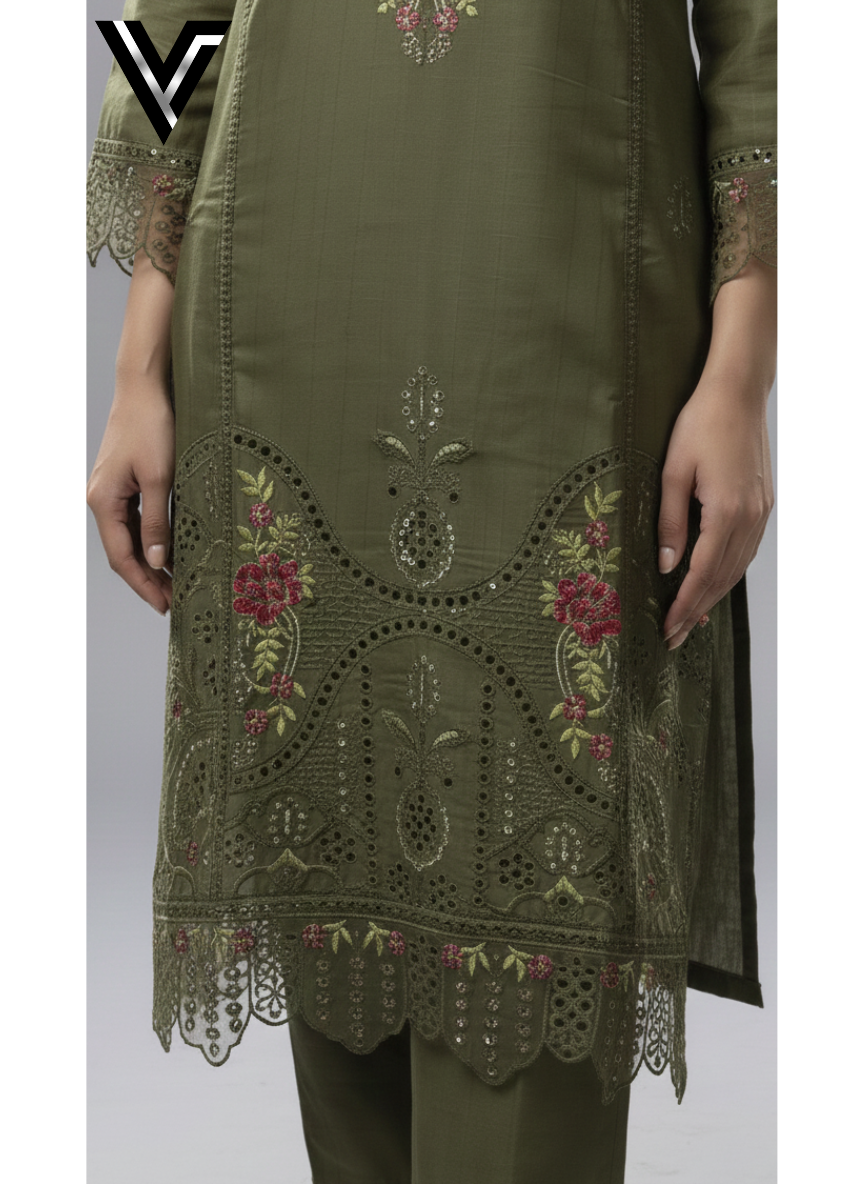 Olive Radiance – Embroidered 3-Piece Festive Suit | Venixa - Image 2