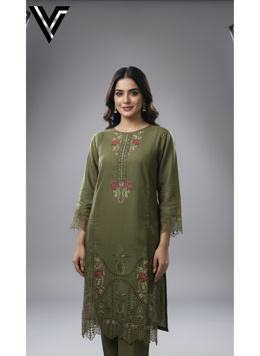 Olive Radiance – Embroidered 3-Piece Festive Suit | Venixa - Image 3