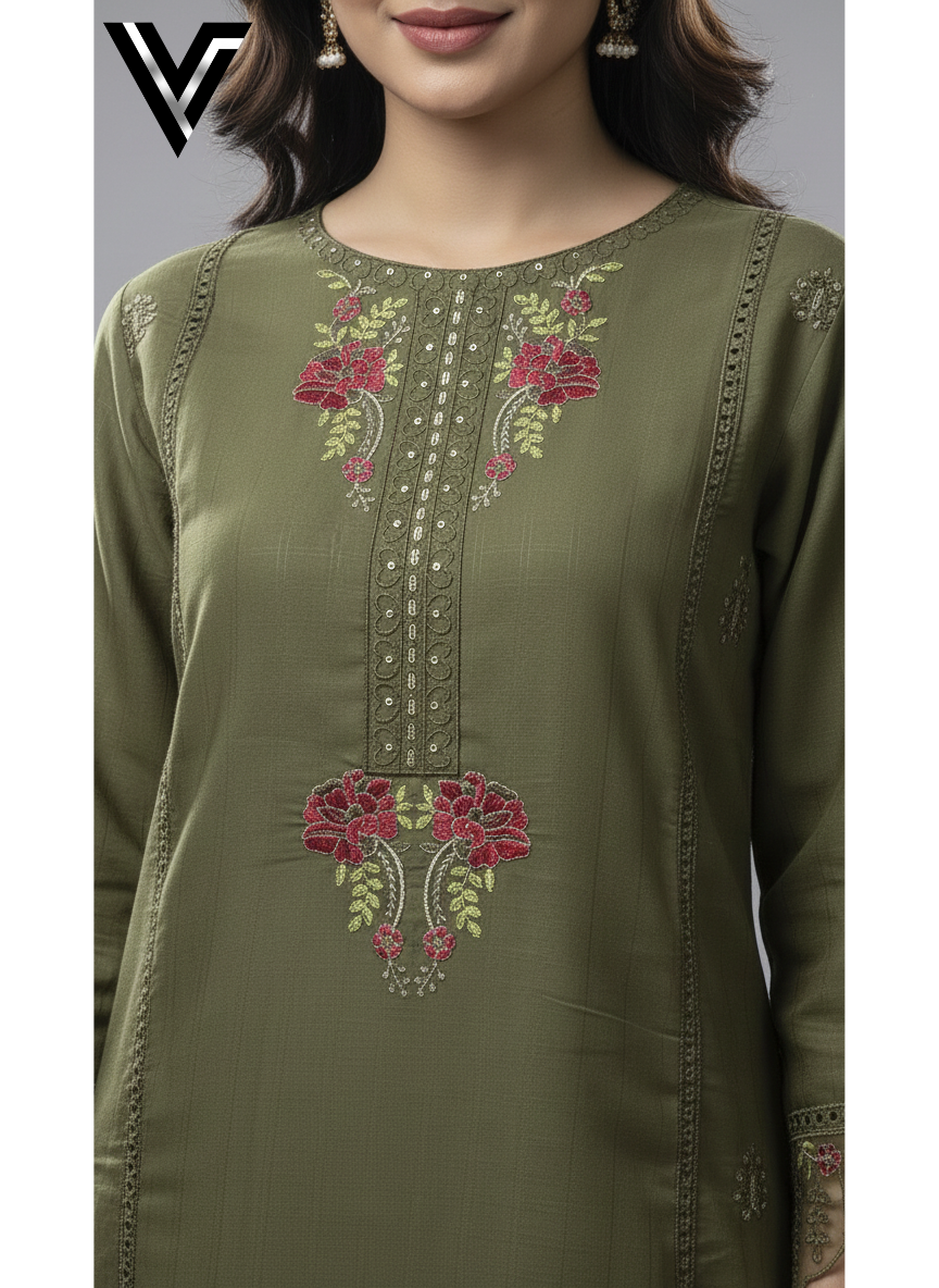 Olive Radiance – Embroidered 3-Piece Festive Suit | Venixa - Image 4