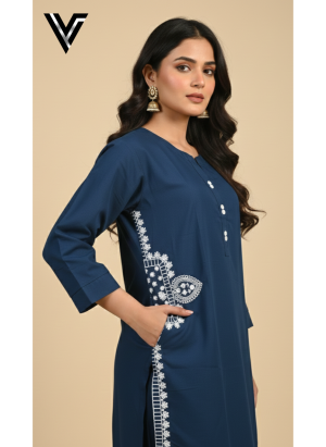 Sapphire Serenity – Embroidered Pocket Kurta Set