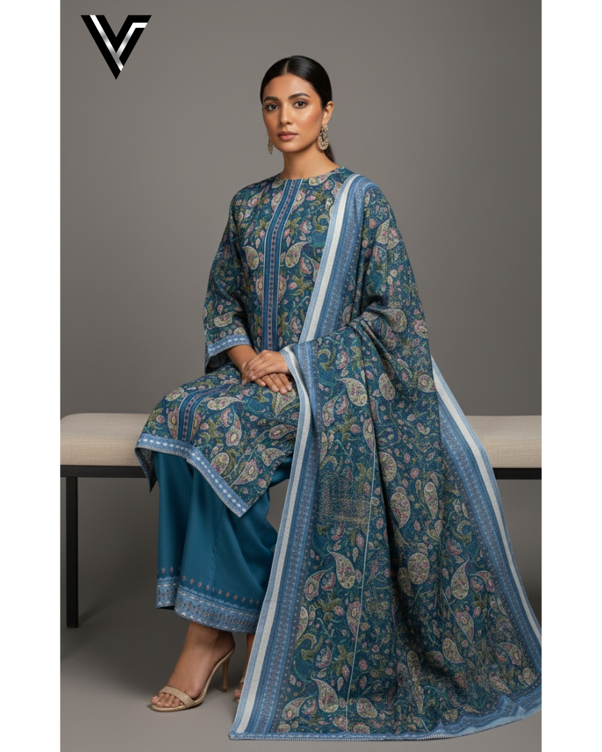 Teal Paisley | 3-Piece Printed Suit | Summer Collection | Venixa - Image 2