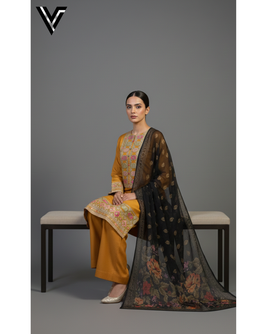 Gilded Noir - Mustard Yellow & Black 3-Piece Embroidered Suit | Venixa - Image 3