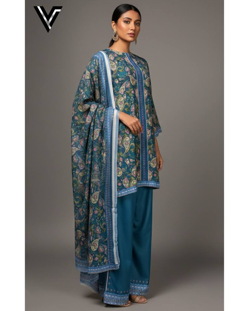 3pcs printed suit, teal base color with wild floral print