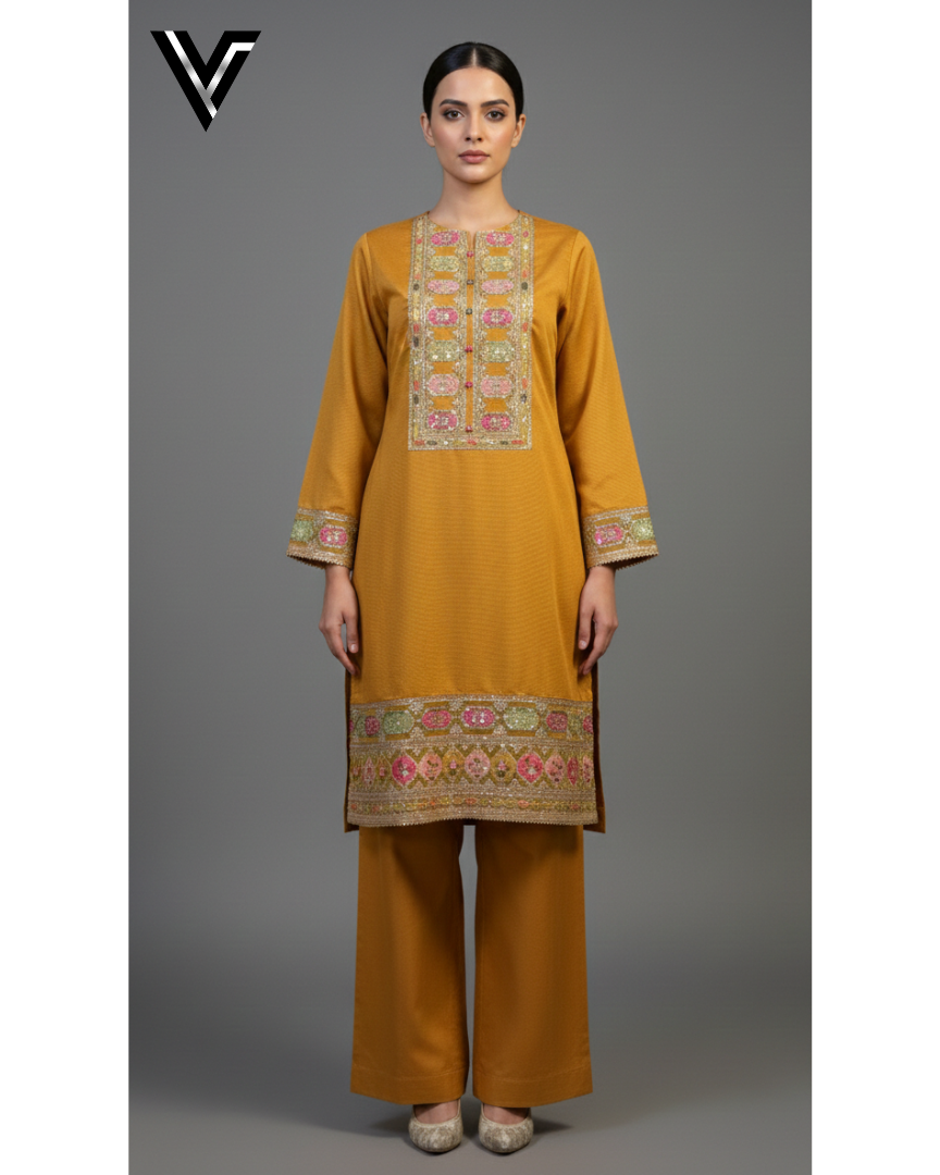 Gilded Noir - Mustard Yellow & Black 3-Piece Embroidered Suit | Venixa - Image 2
