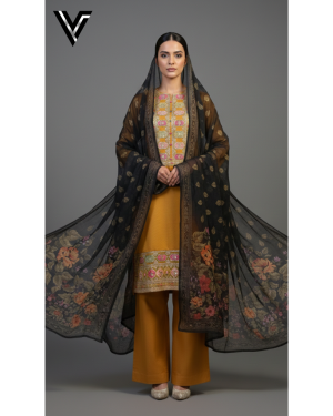 Gilded Noir – Mustard Yellow & Black 3-Piece Embroidered Suit | Venixa