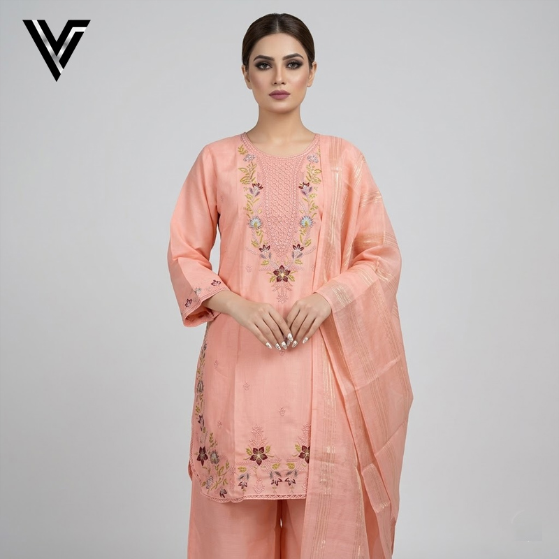 Peach Blossom | Embroidered 3-Piece Mix Cotton-Lawn Suit | Venixa - Image 2