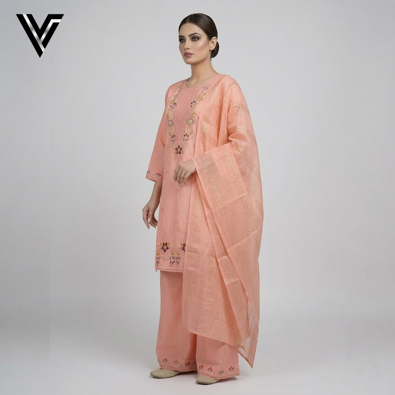 Peach Blossom | Embroidered 3-Piece Mix Cotton-Lawn Suit | Venixa - Image 3