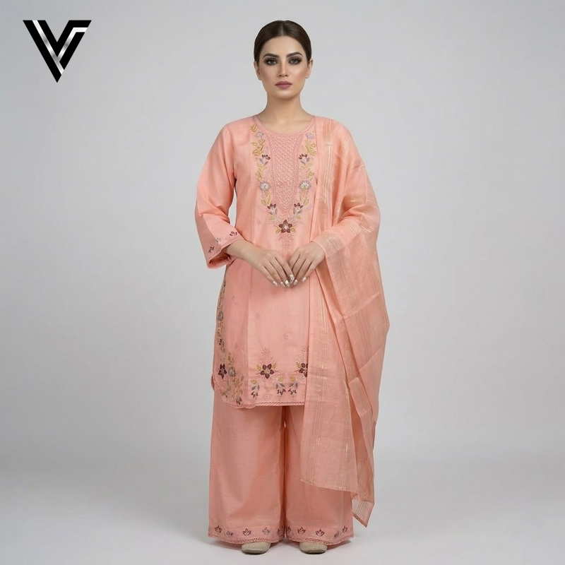 Peach Blossom Embroidered 3-Piece Ensemble