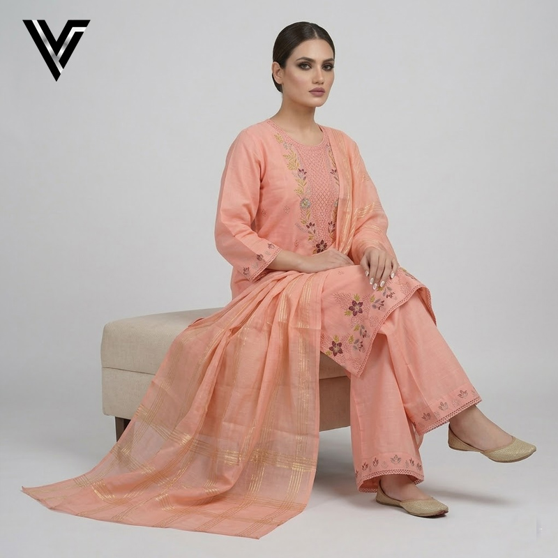 Peach Blossom | Embroidered 3-Piece Mix Cotton-Lawn Suit | Venixa - Image 4
