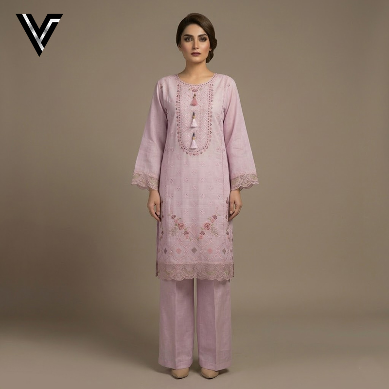 Blush Petal | Baby Pink Embroidered 3-Piece Mix Cotton-Lawn Suit | Venixa - Image 4