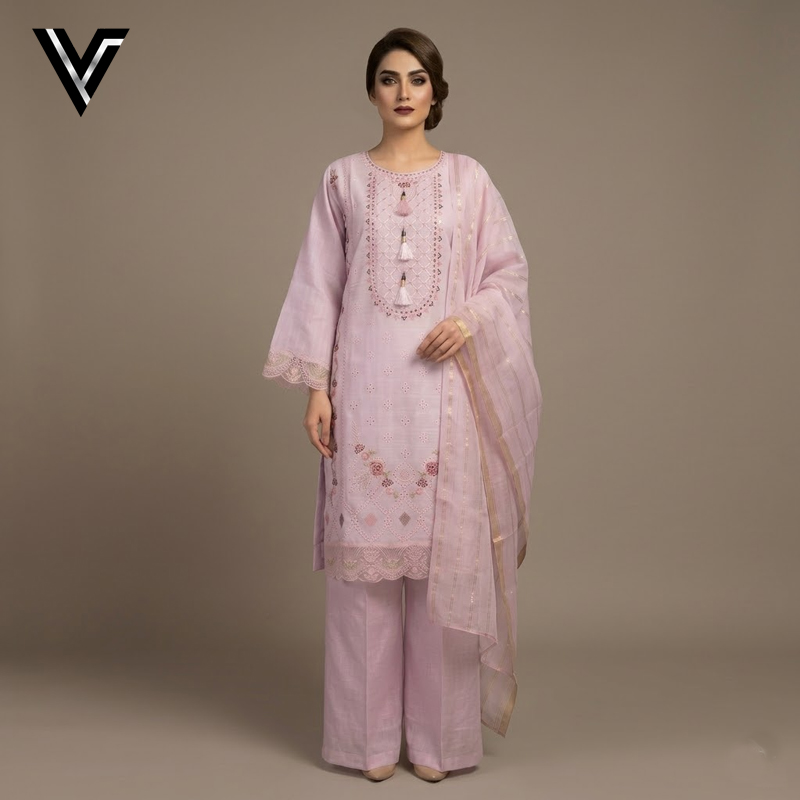 Blush Petal | Baby Pink Embroidered 3-Piece Mix Cotton-Lawn Suit