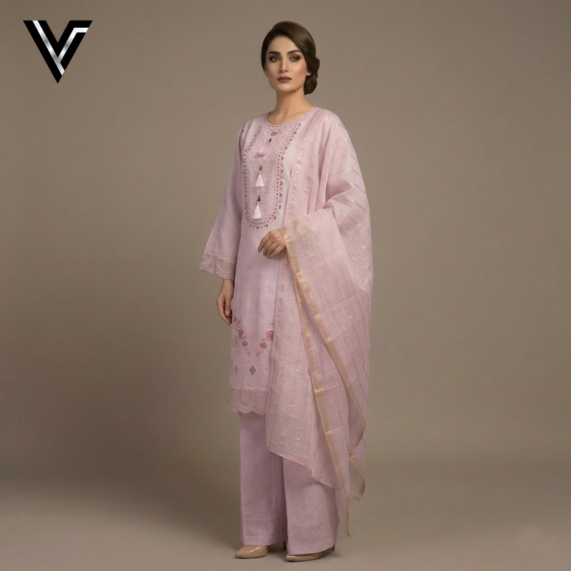 Blush Petal | Baby Pink Embroidered 3-Piece Mix Cotton-Lawn Suit | Venixa - Image 3