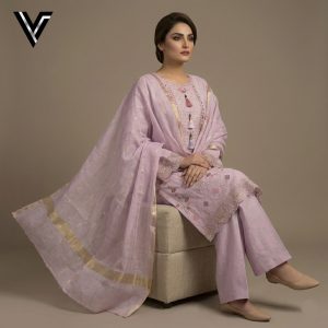 Blush Petal | Baby Pink Embroidered 3-Piece Mix Cotton-Lawn Suit | Venixa