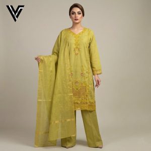 Olive Heritage | Mehendi Green Embroidered 3-Piece Mix Cotton-Lawn Suit | Venixa