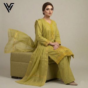Olive Heritage | Mehendi Green Embroidered 3-Piece Mix Cotton-Lawn Suit | Venixa