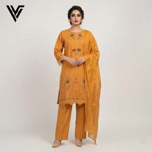 Amber Radiance | Mustard Embroidered 3-Piece Mix Cotton-Lawn Suit | Venixa
