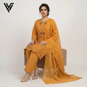 Amber Radiance | Mustard Embroidered 3-Piece Mix Cotton-Lawn Suit | Venixa