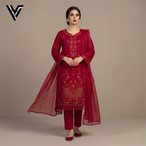 Crimson Heritage | Embroidered 3-Piece Mid-Summer Cotton-Lawn Suit