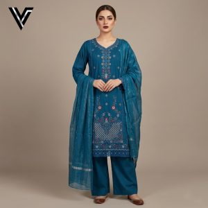 Teal Heritage | Embroidered 3-Piece Mix Cotton-Lawn Suit | Venixa