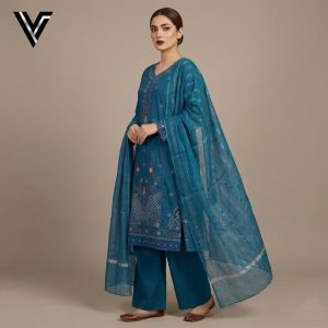 Teal Heritage | Embroidered 3-Piece Mix Cotton-Lawn Suit | Venixa